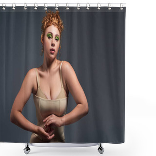 Personality  Charming Plus Size Model With Red Wavy Hair Posing In Beige Underwear On Dark Grey Backdrop Shower Curtains