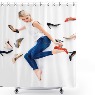Personality  Beautiful Blonde Woman Posing With Heeled Shoes, Isolated On White Shower Curtains