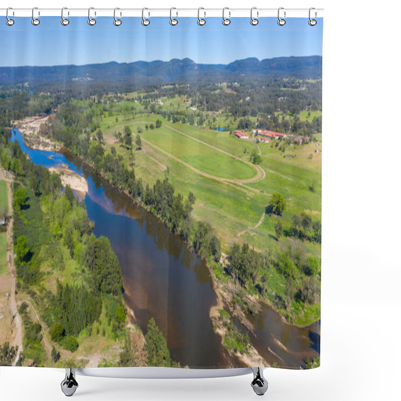 Personality  Aerial View Of The Hawkesbury River Running Through Agricultural Farmland In Regional New South Wales In Australia Shower Curtains