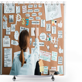 Personality  Back View Of Businesswoman Pointing With Finger At Marketing Lettering On Notice Board Shower Curtains