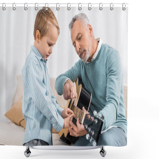 Personality  Man Pointing By Finger While Teaching Grandson Playing On Acoustic Guitar At Home Shower Curtains
