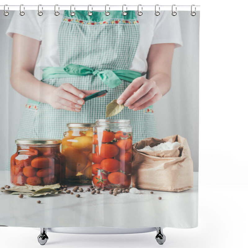 Personality  Cropped Image Of Woman Adding Bay Leaf To Preserving Tomatoes At Kitchen Shower Curtains