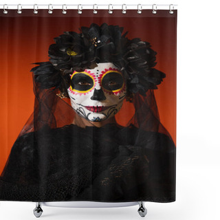 Personality  Woman In Traditional Santa Muerte Makeup And Black Wreath With Veil Looking At Camera On Orange Background Shower Curtains