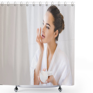 Personality  Portrait Of Beautiful Woman In Bathrobe Applying Face Cream Shower Curtains