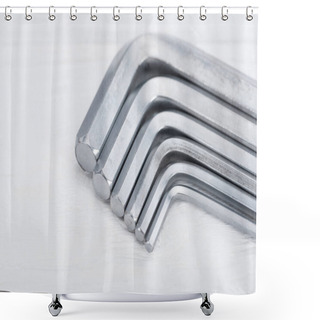Personality  Close Up View Of Hex Keys On White Wooden Surface With Copy Space Shower Curtains