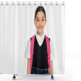 Personality  Happy Schoolgirl With Pink Backpack And Black Vest Looking At Camera Isolated On White, Student Shower Curtains
