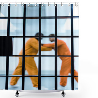 Personality  Side View Of Multiethnic Prisoners Threatening Each Other Behind Prison Bars Shower Curtains