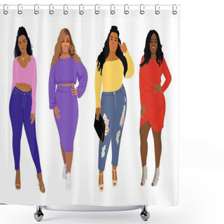 Personality  Set Of Happy Black Curvy Women In Stylish Modern Clothes. Diverse Plus Size Female Beauties Wearing Casual Street Fashion Outfits. Flat Vector Realistic Illustrations Isolated On White Background. Shower Curtains
