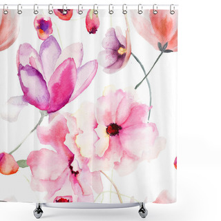 Personality  Watercolor Seamless Pattern With Pink Flowers Shower Curtains