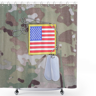 Personality  US Flag Patch With Dog Tag On Multicam Camouflage Uniform Shower Curtains
