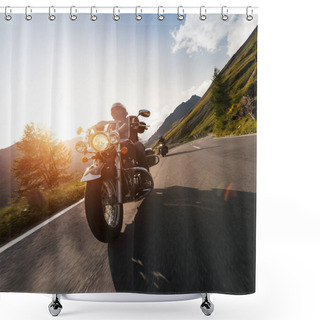 Personality  Motorcycle Driver Riding In Alpine Landscape. Shower Curtains