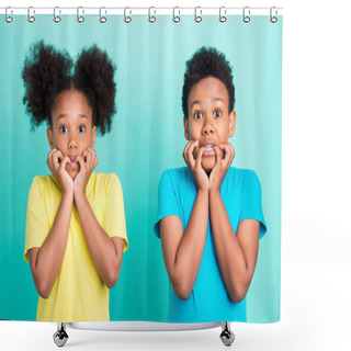 Personality  Photo Of Scared Brunet Little Girl Boy Bite Fingers Wear T-shirt Isolated On Teal Color Background Shower Curtains
