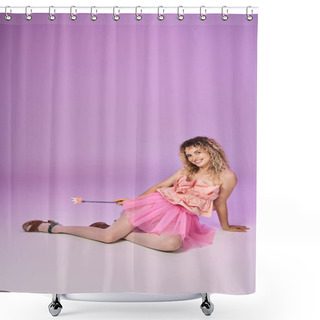 Personality  Cheerful Tooth Fairy In Vivid Dress Holding Magic Wand Sitting On Floor And Posing On Pink Backdrop Shower Curtains