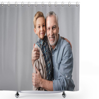 Personality  Happy Mature Man Embracing Smiling Grandson While Looking At Camera Isolated On Grey Shower Curtains