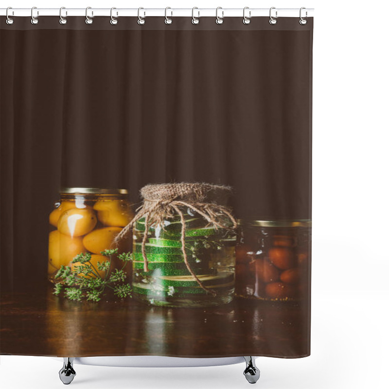 Personality  Glass Jars With Preserved Vegetables On Wooden Table In Dark Kitchen  Shower Curtains