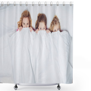 Personality  Top View Of Mother And Daughters Hiding Under Blanket In Bed Shower Curtains