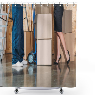 Personality  Businesswoman And Delivery Man Standing By Stack Of Cardboard Boxes Shower Curtains
