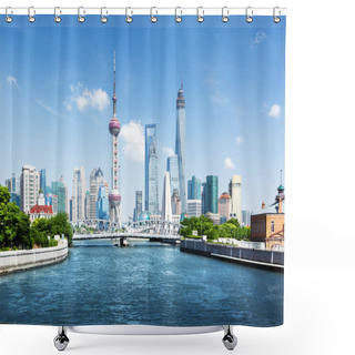 Personality  Shanghai Skyline In Sunny Day, China Shower Curtains