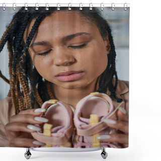 Personality  Sad African American Woman Holding Baby Clothes And Crying At Home, Miscarriage Concept, Close Up Shower Curtains