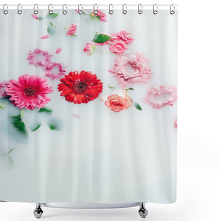 Personality  Top View Of Colorful Roses, Gerbera And Chrysanthemum Flowers In Milk Shower Curtains