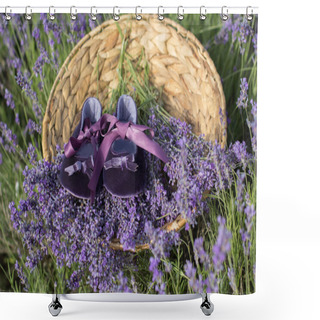 Personality  Small Babies Shoes In Lavender Field Shower Curtains