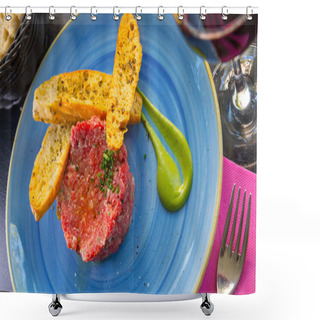 Personality  Picture Of Raw Veal Steak Tartar Served At Blue Plate With Fried Toasts On Cafe Shower Curtains
