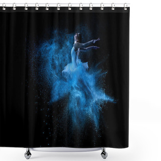 Personality  Young Beautiful Dancer Jumping Into Blue Powder Cloud Shower Curtains