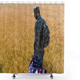 Personality  Patriotic Soldier In Military Uniform Holding American Flag While Standing In Field With Wheat  Shower Curtains