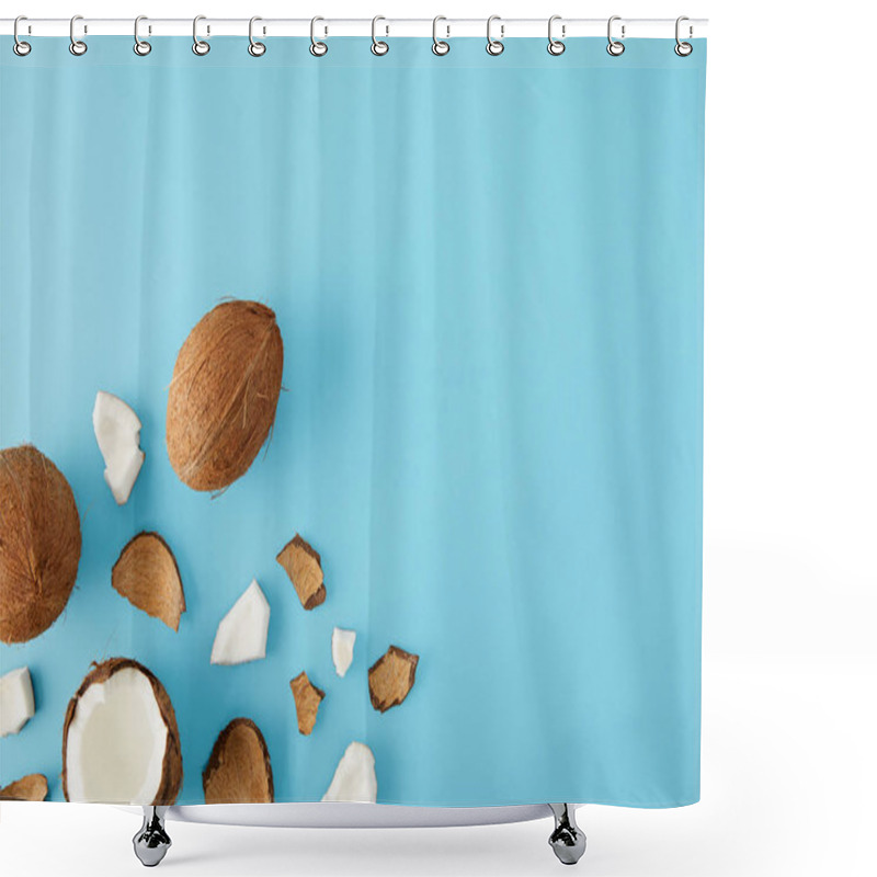 Personality  Top View Of Arranged Coconut Pieces Isolated On Blue Shower Curtains