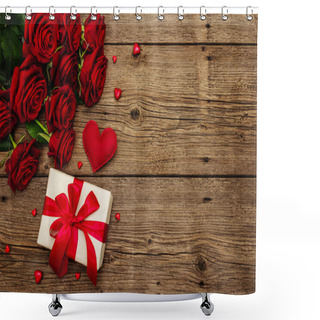 Personality  Valentine Greeting Card Background With Gift Boxes, Fresh Burgundy Roses And Assorted Hearts. Vintage Wooden Table. Wedding Or Birthday Concept, Place For Text, Flat Lay Shower Curtains