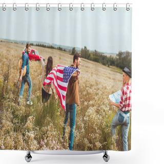 Personality  Group Of Happy Young American Travellers With Flag Walking By Flower Field Shower Curtains