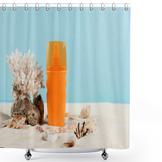Personality  Orange Bottle Of Sunscreen Near Seashells And Sea Coral On Sand Isolated On Blue Shower Curtains