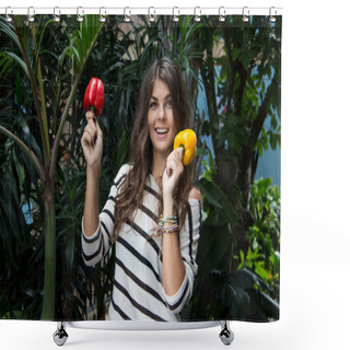 Personality  Detox Diet. Smiling Girl With Red And Yellow Pepper Shower Curtains