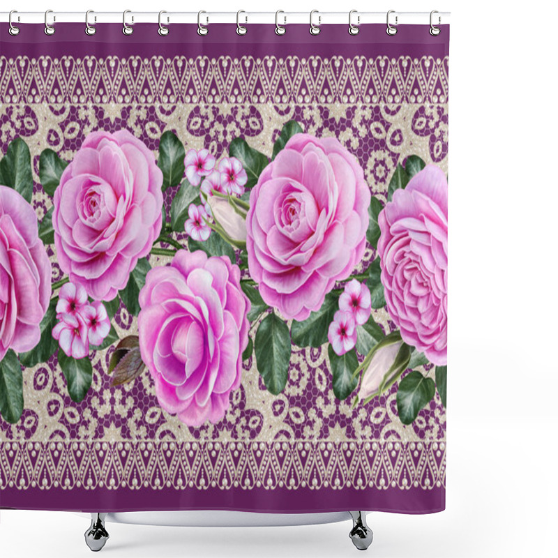 Personality  Lace Background. Abstract Square Geometric Lace Pattern With Ornate Frame. Openwork Texture Curls, Beads, Pearls. Bandanna, Scarf, Shawl. Seamless Pattern. Flower Garland, Pink Flowers, Roses, Camellias. Shower Curtains