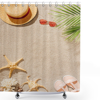 Personality  Top View Of Stylish Hat With Sunglasses And Sandals On Sandy Beach Shower Curtains