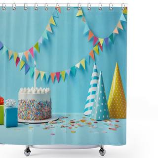 Personality  Delicious Birthday Cake, Gifts, Party Hats And Confetti On Blue Background With Bunting Shower Curtains