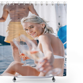Personality  Cropped Image Of Man And His Smiling Girlfriend Showing Glass Of Champagne On Yacht  Shower Curtains