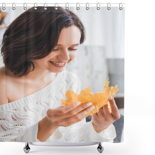 Personality  Beautiful Happy Girl Looking At Yellow Autumn Leaves At Home Shower Curtains