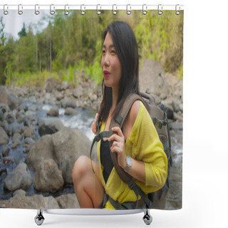 Personality  Young Beautiful And Happy Asian Chinese Woman Carrying Backpack Trekking On Mountains Crossing River Enjoying Holiday Nature And Fresh Environment Hiking Cheerful  Shower Curtains