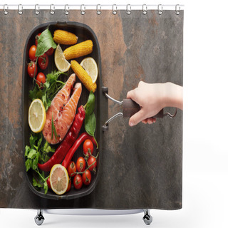 Personality  Partial View Of Woman Holding Raw Salmon With Vegetables, Lemon And Herbs In Grill Pan Shower Curtains