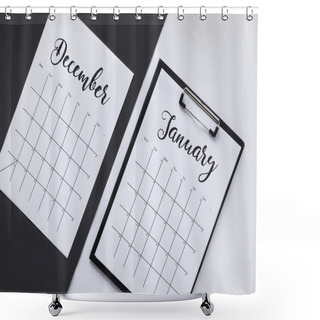 Personality  Top View Of Notepad And Calendar On Black And White Surfaces Shower Curtains