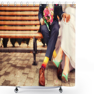 Personality  Bride And Groom In Bright Clothes On The Bench Shower Curtains