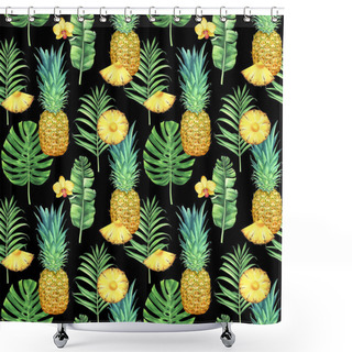 Personality  Seamless Watercolor Pattern With Pineapples, Tropical Leaves, And Flowers On Black Background. Shower Curtains