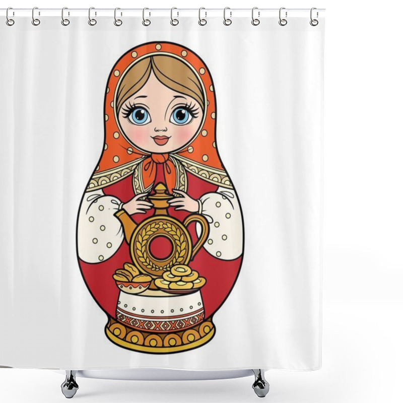 Personality  Russian Traditional Nest Doll Matrioshka With Earthenware Jug For Kvass And Pies Color Variation For Coloring Page Isolated On White Background Shower Curtains