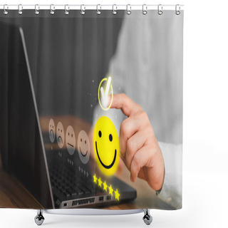 Personality  Male Hand Using A Laptop Computer With Pop-up Smile Face Five Star Icon For Service Reviews, Satisfaction And Testimonials. Customer Service Experience And Business Satisfaction Surveys. Shower Curtains