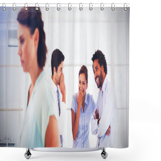 Personality  Colleagues Gossiping With Sad Businesswoman In Foreground Shower Curtains