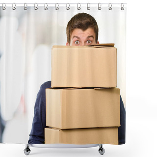 Personality  Man Holding Cardboard Boxes Shower Curtains