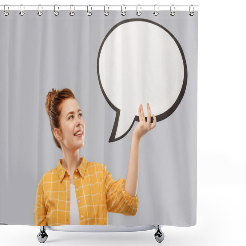 Personality  red haired teenage girl holding speech bubble shower curtains