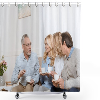 Personality  Senior Men And Women Enjoying Time Together While Drinking Tea On Sofa Shower Curtains