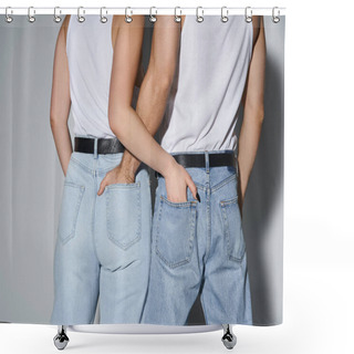 Personality  Back View Of Loving Man And Woman In Blue Casual Jeans Posing With Hands In Pockets, Sexy Couple Shower Curtains